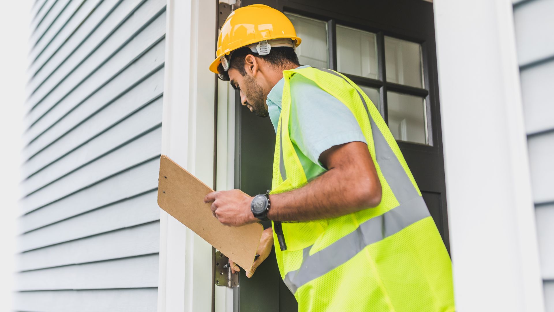 A construction worker in a yellow hard hat and high-visibility vest inspects a doorframe of a house, conducting a thorough Home Inspection on Long Island. He holds a clipboard and appears focused on his task. The house features light gray siding.