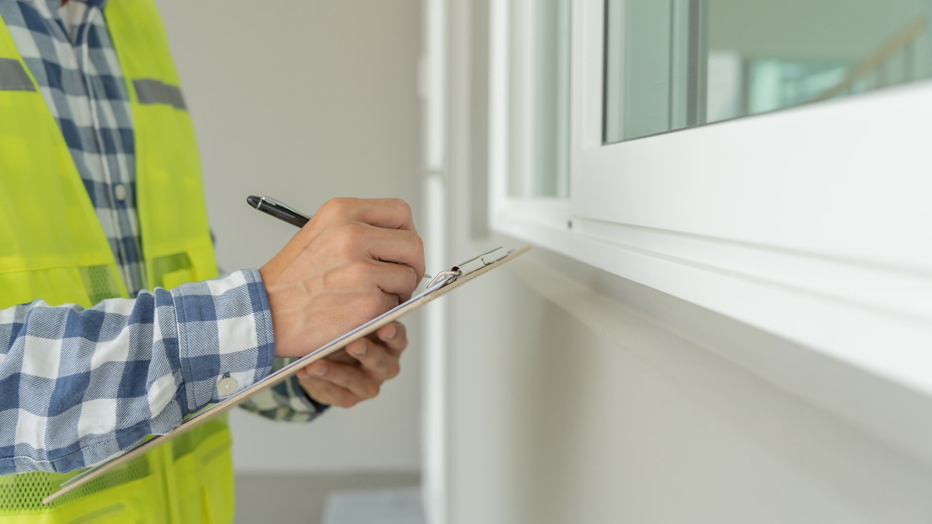 A person in a checked shirt and yellow safety vest is conducting a home inspection on Long Island. Holding a clipboard and writing with a pen, they stand next to a white-framed window, marking observations for the detailed report. The setting appears to be indoors.