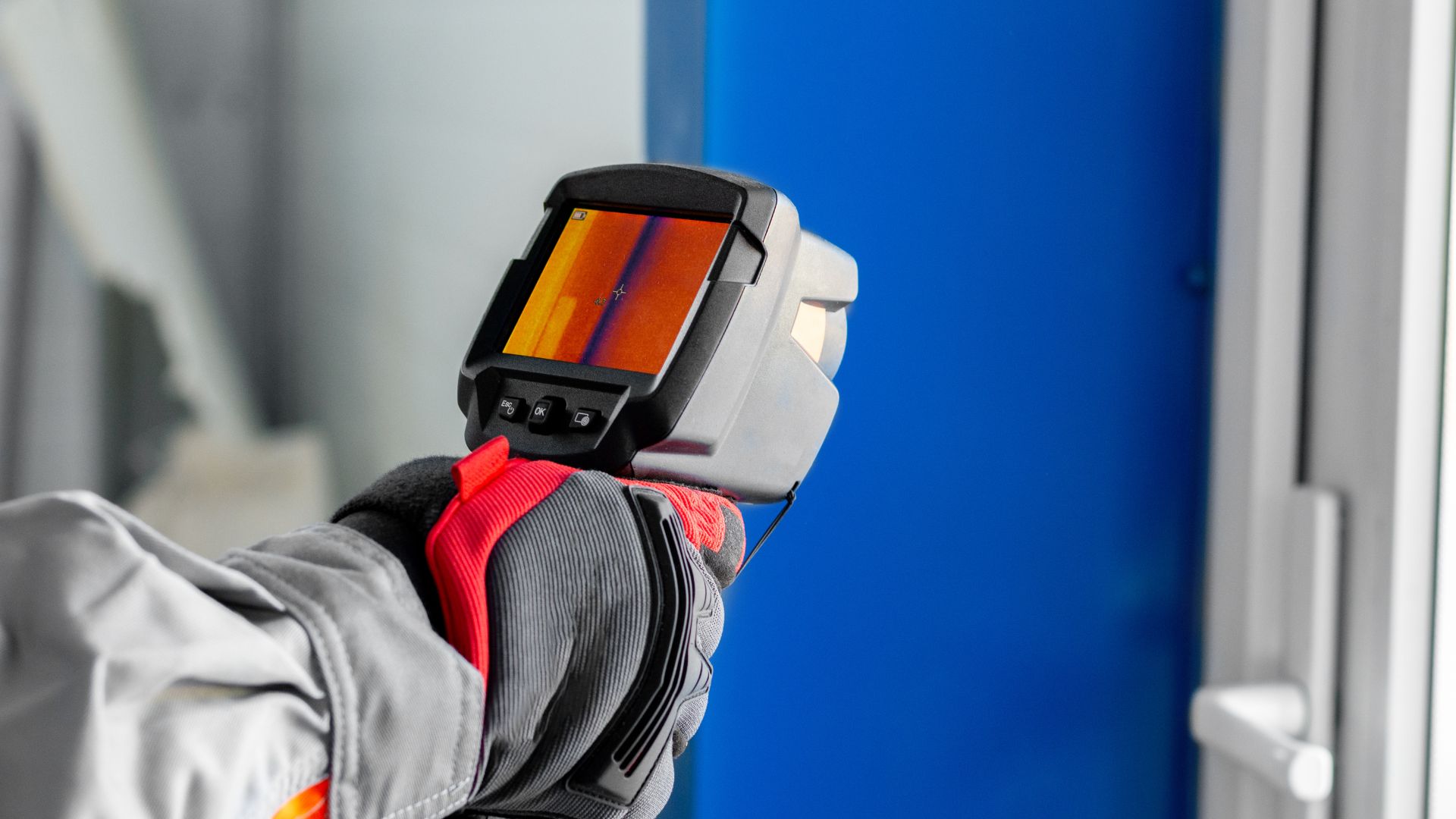 A person wearing gloves is holding a handheld thermal imaging device, aimed at a blue door during a home inspection in Long Island. The device screen reveals varying heat signatures, providing crucial insights for the home inspector to assess potential issues hidden behind the surface.
