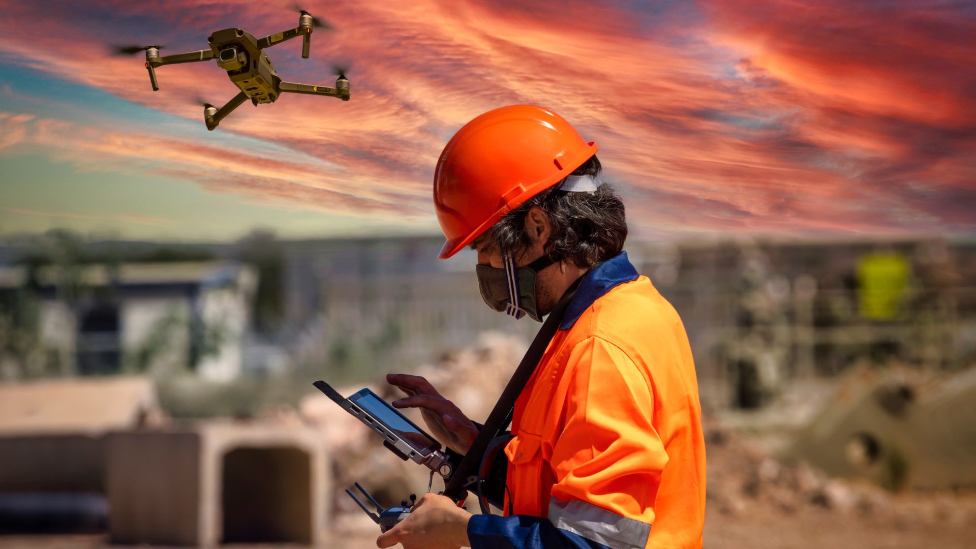 A worker in an orange safety uniform and helmet operates a drone for commercial inspections. The drone hovers against a vibrant Long Island sunset. Standing at the construction site, the worker focuses intently on the device, embodying precision and expertise.