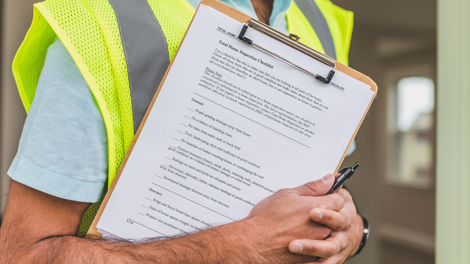 A person wearing a reflective safety vest holds a clipboard with the "Total Home Inspection Checklist" in one hand and a pen in the other. As a leading figure for home inspections on Long Island, they meticulously ensure every detail is noted, including lead paint testing.