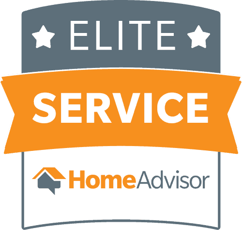 A badge with a gray top section featuring "ELITE" and two stars, an orange ribbon with "SERVICE," and the "HomeAdvisor" logo at the bottom, including a house icon, embodies the high standards of Home Inspector Long Island.