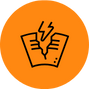An orange circle with a black outline of a book being struck by a lightning bolt, symbolizing the impactful insights of Long Island home inspections.