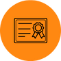 An icon of a certificate with a ribbon set against an orange circular background, symbolizing achievement in home inspections on Long Island.
