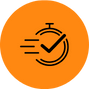 An orange circle features a black stopwatch icon with a check mark, symbolizing efficiency akin to Home Inspections Long Island standards.