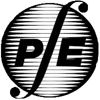 Black and white logo featuring a circular design with horizontal stripes represents our Home Inspector Long Island services. In the center, the letters "P/E" are prominently displayed with a stylized vertical line cutting through them.