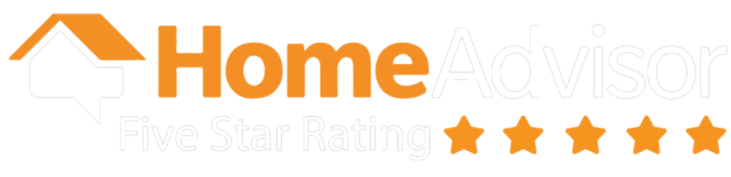 The HomeAdvisor logo features an orange house icon, with "HomeAdvisor" in orange and black lettering. Beneath it reads "Five Star Rating," accompanied by five orange stars on a white background. Trusted for services like lead paint testing and home inspections across Long Island.