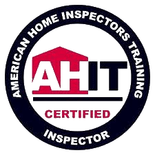 Circular logo with the text "American Home Inspectors Training Certified Inspector" around the edge. In the center, "AHIT" is bold, and a red house silhouette forms the initial "A," embodying excellence in home inspector training on Long Island.