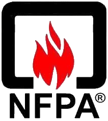The NFPA logo prominently displays a stylized red flame within a black square outline, sitting above bold black letters "NFPA"—a symbol of safety standards recognized by professionals for Home Inspections on Long Island.