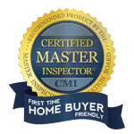 Seal displaying "Certified Master Inspector" with "CMI" and "Recommended Product by the Master Inspector Certification Board." Below is a blue ribbon stating "First Time Home Buyer Friendly," ideal for those seeking a home inspector on Long Island or needing commercial inspections.
