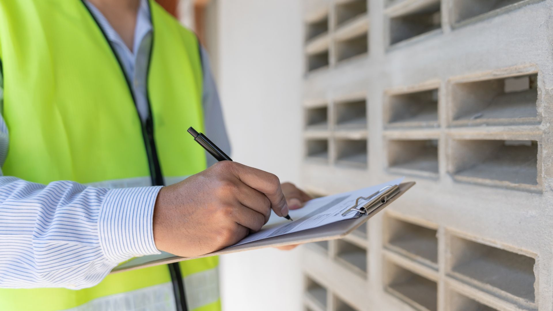 A person in a lime green safety vest writes on a clipboard, possibly conducting home inspections on Long Island. They stand by a concrete block wall with rectangular openings, pen in hand, diligently making notes.