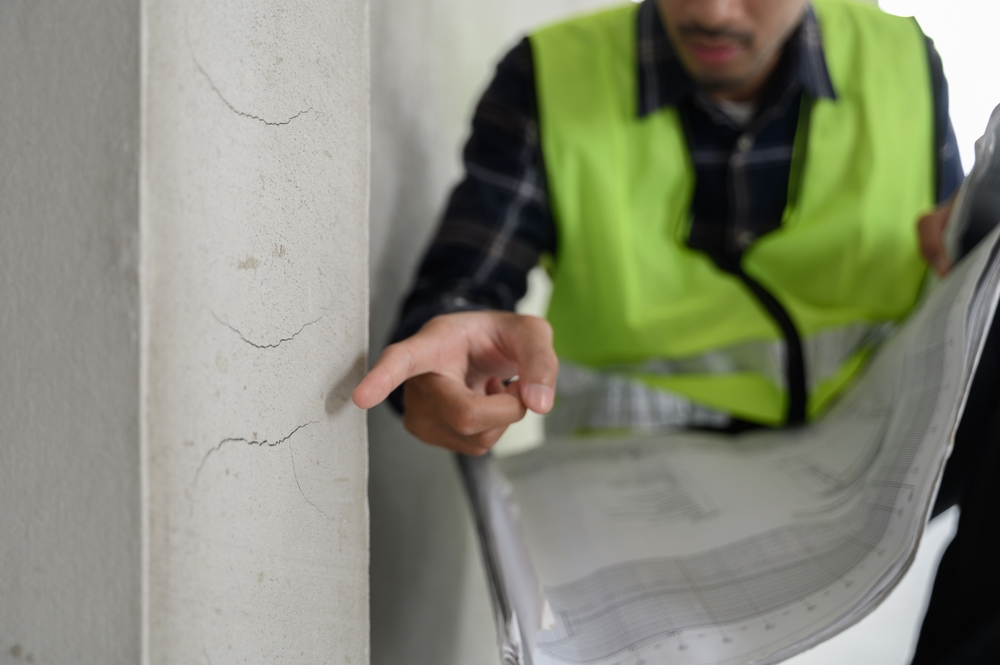 A construction worker in a yellow vest examines vertical cracks on a concrete wall while holding building plans, pointing at the damage for a Home Inspections Long Island evaluation.